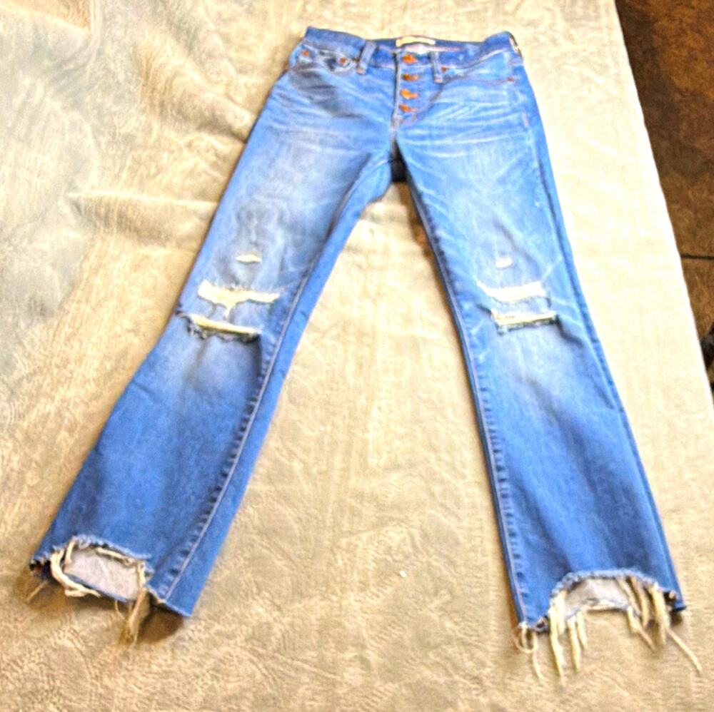 Madewell Women's Blue Light Wash Distressed Slim Bootcut Jeans Button Fly